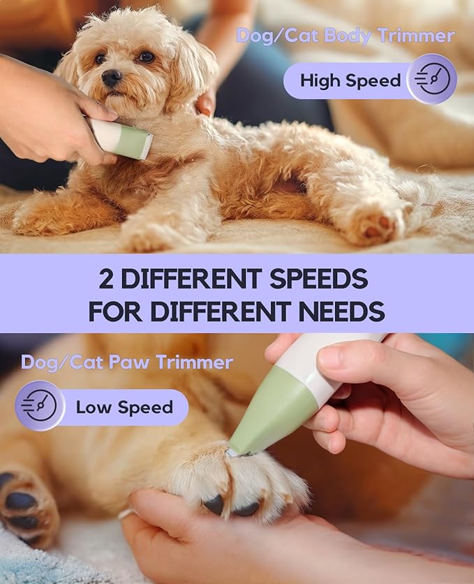 Dog Clippers Grooming Kit, 4 in 1 Quiet Cordless Dog Paw Trimmer & Nail Grinder, Small Cat Clippers Electric Rechargeable Low Noise Pet Shaver for Trimming Hair on Paw Eye Ear Face Rump, Green
