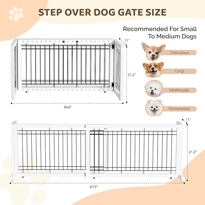 Bonnlo Free Standing Dog Gate, 37" - 68" Wide Pet Gate for Fireplace Stairs Doorways, Wooden Adjustable Pet Fence Indoor, Christmas Tree Gate (White)