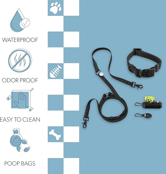 WLK1005I-5SET Luna Medium 8FT Adjustable 6-in-1 Waterproof Hands-Free Leash and Collar with LED Flashlight, Bag Dispenser, and Poop Bag Holder, Bitters