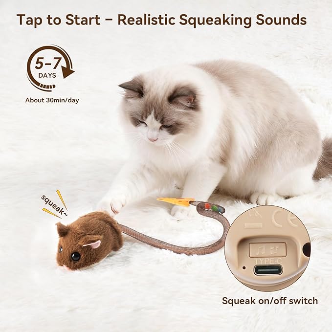 Migipaws Interactive MigiMouse Cat Toy 360° Rolling & Spin with Wiggling Tail for Indoor Cats Smart Motion Sensor, Realistic Squeak, Rechargeable Plush Kitten Toy (Brown)