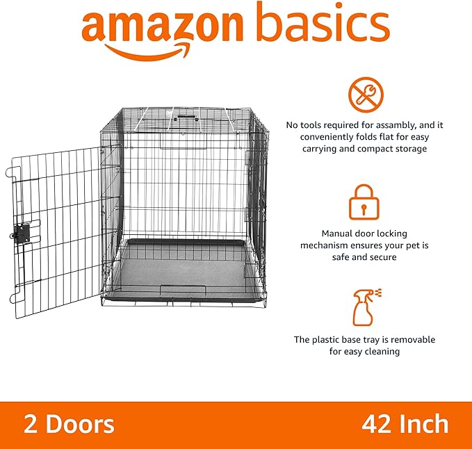 Amazon Basics - Durable,Foldable Metal Wire Dog Crate with Tray, Double Door, 42 x 28 x 30 in, Black