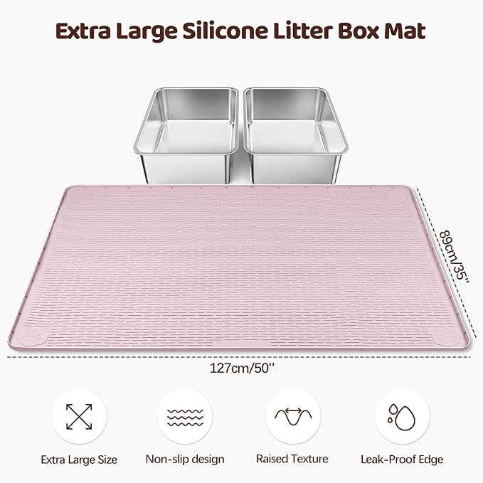 Cat Litter Mat, XXL Extra Large 50" x 35" Silicone Mat Litter Trapping Mat for Scatter Control, Soft on Kitty Paws, Easy to Clean (Pink)