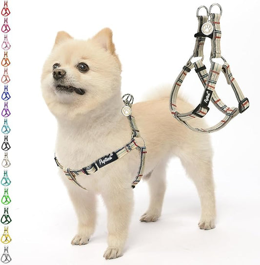 PUPTECK No Pull Dog Harness Soft Adjustable Basic Nylon Step in Puppy Vest Outdoor Walking with ID Tag, Plaid Beige, XS