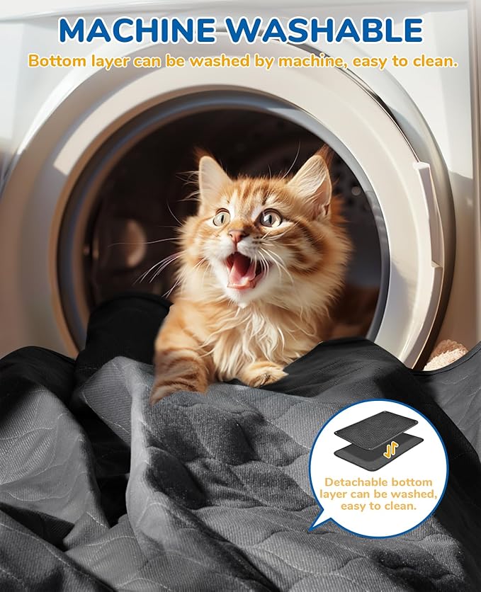 BurgeonNest 45"x32" Extra Large Cat Litter Mat, Honeycomb Double Layer Kitty Litter Trapping Mat, Urine Proof & Waterproof, Easy Clean, Machine Washable, Non-Slip, Scatter Control, Black