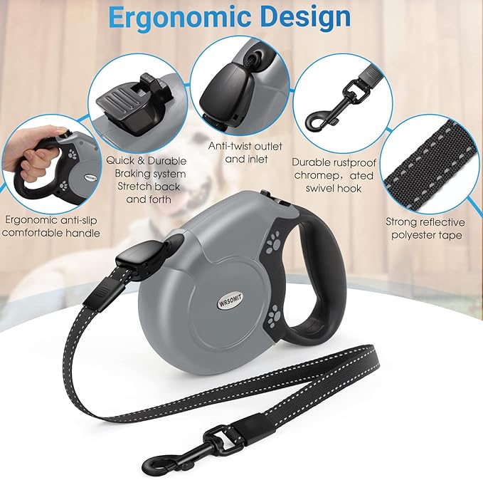 Retractable Dog Leash, 26 Ft Heavy Duty Pet Walking Leash for Small Medium Large Dogs up to 99lbs, Anti-Slip Handle, 360 ° No Tangle, Nylon Tape, One-Handed Brake (Grey)