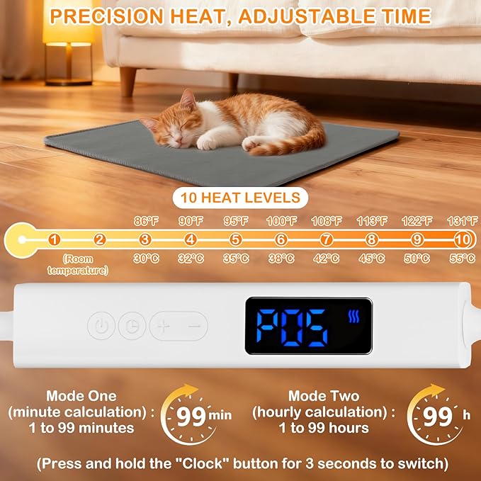 ELEGX Pet Heating Pad, 10 Adjustable Temperature Dog Cat Heating Pad, Waterproof Electric Heated Cat Bed with Smart Thermostat Switch & Chew Resistant Cord, Non-Slip Pet Heated Mat 17.7x17.7in