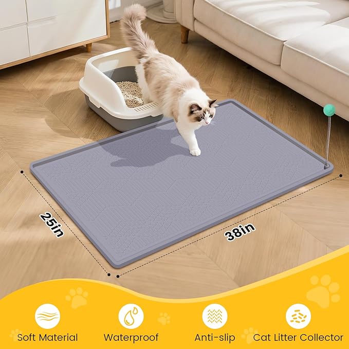Cat Litter Mat, 38"X25" Large Litter Box Mat, Waterproof and Easy to Clean Silicone Cat Mat for Litter Box, Mat Litter Trapping Mat for Scatter Control, Keep the Floor Clean (Gray)