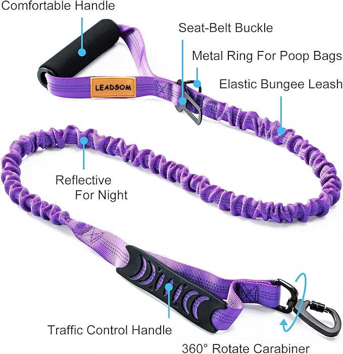 6FT Highly Reflective Heavy Duty Elastic Bungee Medium and Large Dog Leash Shock Absorbing with Comfortable Padded Handle and Traffic Handle Suitable for Training