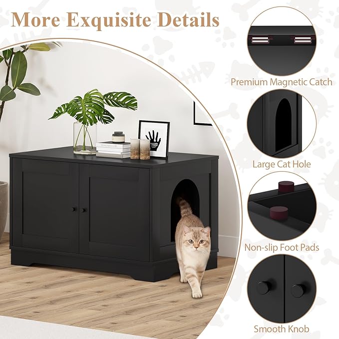 Tangkula Cat Litter Box Enclosure, Wooden Kitty Washroom Cabinet w/Winding Entry & Cat Hole, with Divider, Hidden Double Enclosed Litter Box Furniture for Living Room, Bedroom, Entryway (Black)