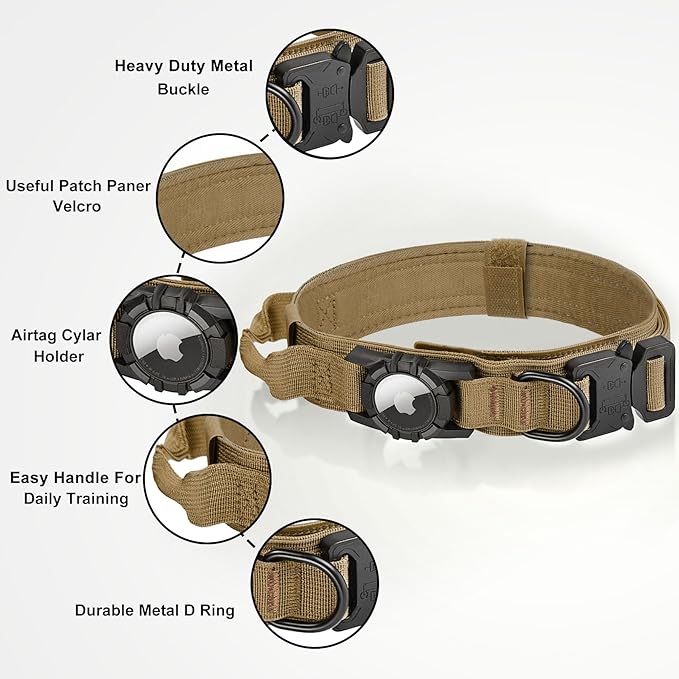 Tactical AirTag Dog Collar - Heavy Duty, Adjustable GPS Collar Compatible with Apple AirTag, with Holder & Control Handle for Medium/Large Dogs [ Brown, L ]