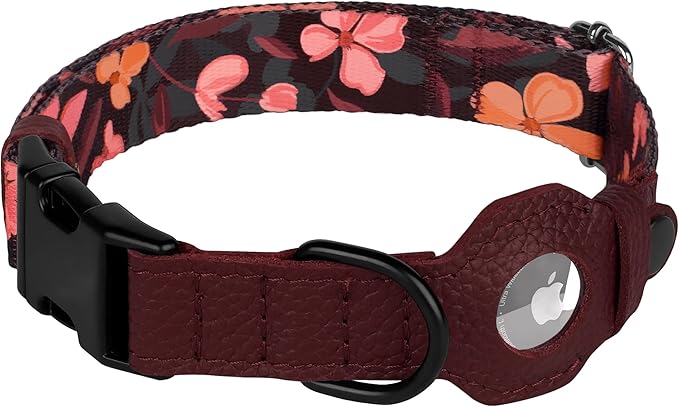 AirTag Dog Collar with Metal Buckle - Printed Nylon Soft Leather Dog Collar with Apple AirTag Holder - Secure Tracking GPS Pet Collars for Girl Boy Small Large Dogs (S, 12"-15" Neck Fit, Crossandra)