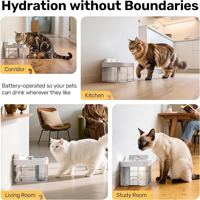 Cat Water Fountain, Wastewater Separation & No Filter Cotton, Pet Water Dispenser with 101oz/3L Large Capacity Tank, Wireless Automatic Water Fountains for Cats Indoor Cat Watering Supplies
