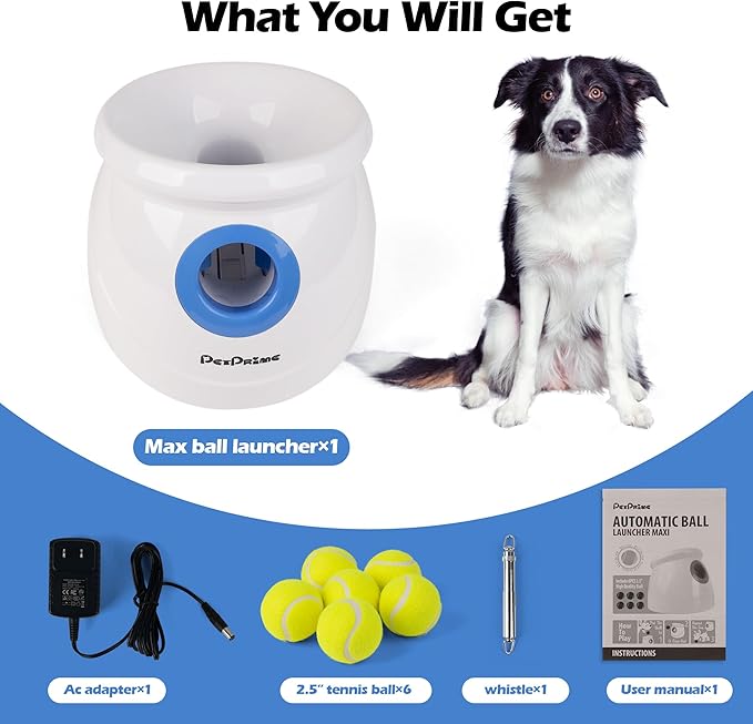 Pet Prime Dog Automatic Ball Launcher for Large Dogs Ball Thrower Machine Outdoor Indoor Use Interactive Dog Toy Adjustable Distance 10-40ft - Included 6 PCS 2.5” Tennis Balls and a Whistle