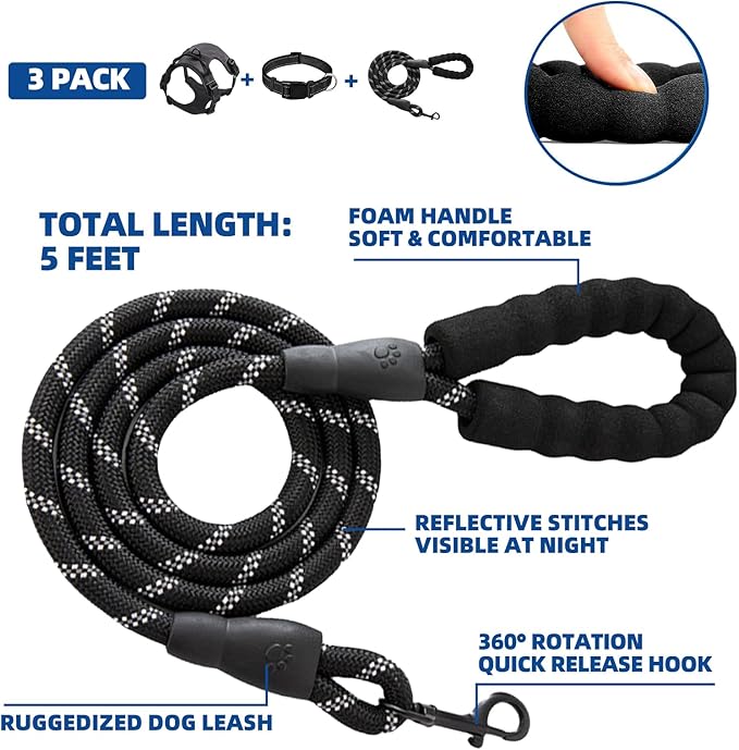 Dog Harness Set, No Pull Dog Vest Harness and 5ft Leash & Collar for Small Medium Sized Large Dog Cat,Adjustable Soft Nylon Padded Dog Vest Reflective Front Clip Vest with Easy Handle -Blue L