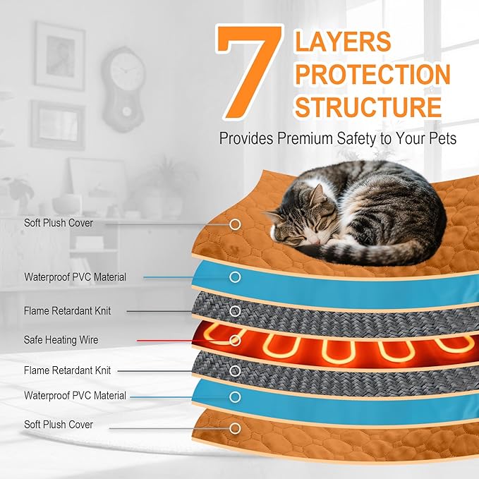 Cat Heating Pad, 6 Adjustable Temperature & 5 Timer Options, 15.7'' x 27.5'' Pet Heating Pad for Cats Dogs, Waterproof Indoor Outdoor Electric Heated Cat Bed Dog Mat with Chew-Resistant Cord (Brown)