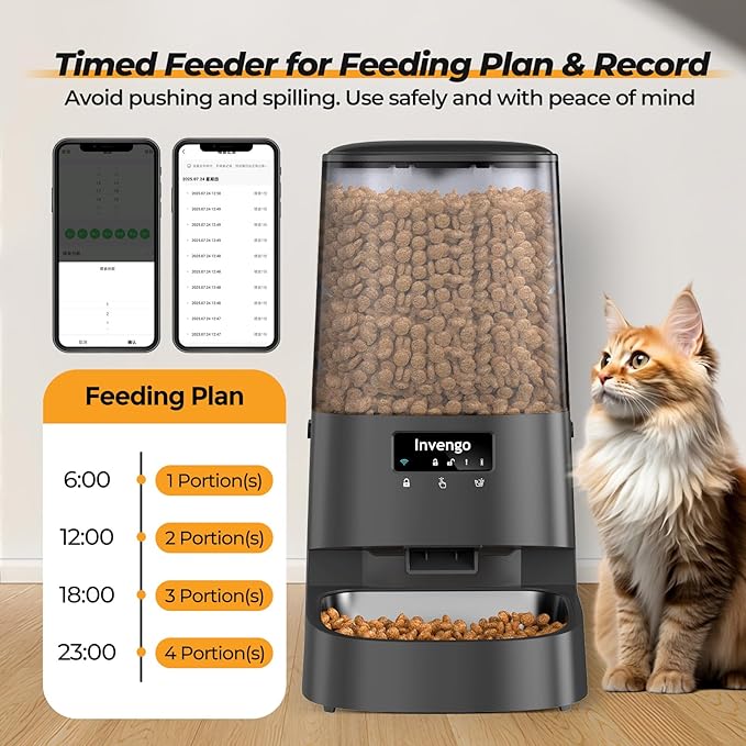 Automatic Cat Feeder with App Control, 5L Food Dispenser for Cats and Small Dogs, 2.4/5G Wi-Fi, Dual Power, Programmable Portions, Anti-Jam & Fresh-Lock, Stainless Steel Bowl, Easy to Clean