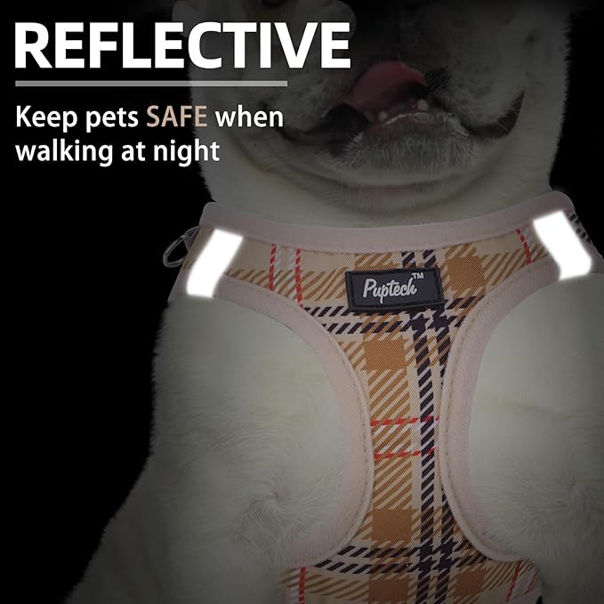 PUPTECK Dog Harness and Leash Set for Small Medium Dogs No Pull Step-in Soft Mesh Puppy Cat Vest Harnesses Reflective at Night, Plaid Pattern Beige XS