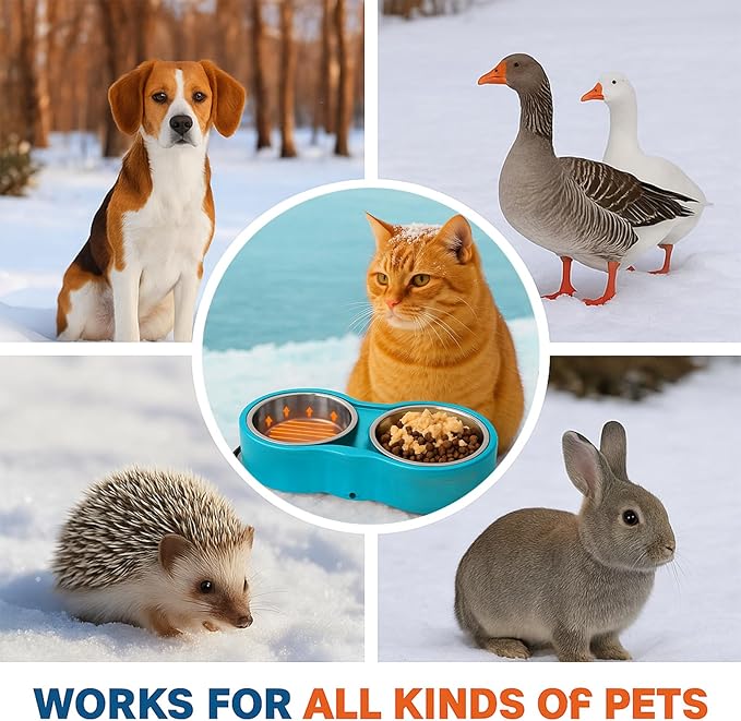 Pet Heated Bowl for Cat Dog, Freeze-Proof Warming Animal Food Feeder with Anti-Chew Cord,Waterproof & Thermostat Heating Bowls Removeable, (2 x 23 fl oz, Blue)