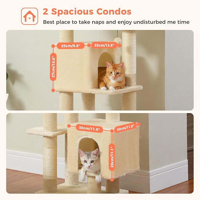 Cat Tree, 52.4 Inch Multi-Level Cat Tower for Indoor Cats with Dual Padded Top Perches, 2 Condos & Scratching Posts, Plush Cat Furniture for Kittens and Medium Cats, Beige