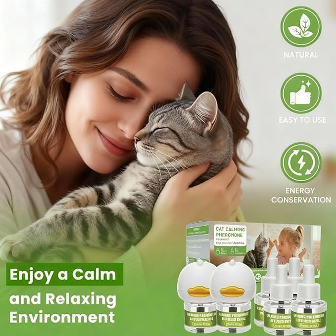 Cat Calming Pheromone Diffuser Kit with 2 Plug-ins & 6 Refills, Long-Lasting Stress & Anxiety Relief for Multi-Cat Homes, Reduces Fighting, Scratching Destructive Behavior