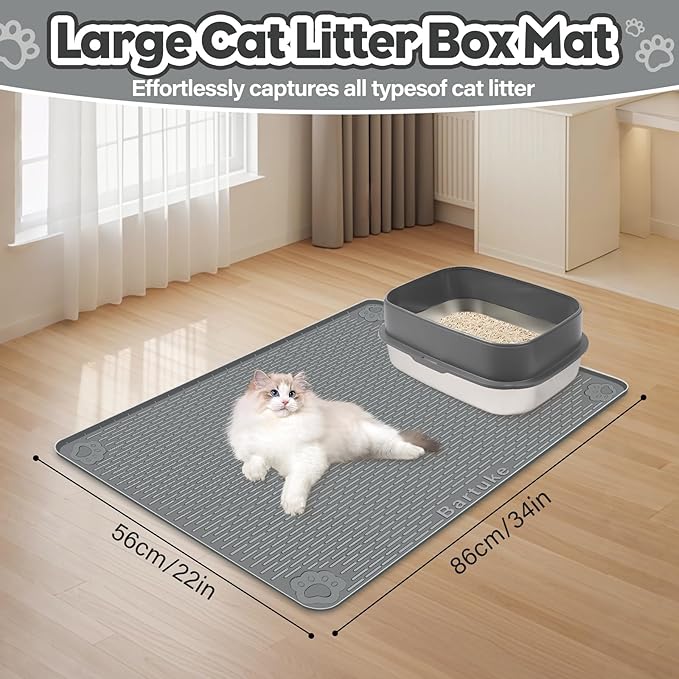 Cat Litter Mat, Extra Large 34" x 22" Silicone Mat Litter Trapping Mat for Scatter Control, Soft on Kitty Paws, Easy to Clean (Dark Grey)