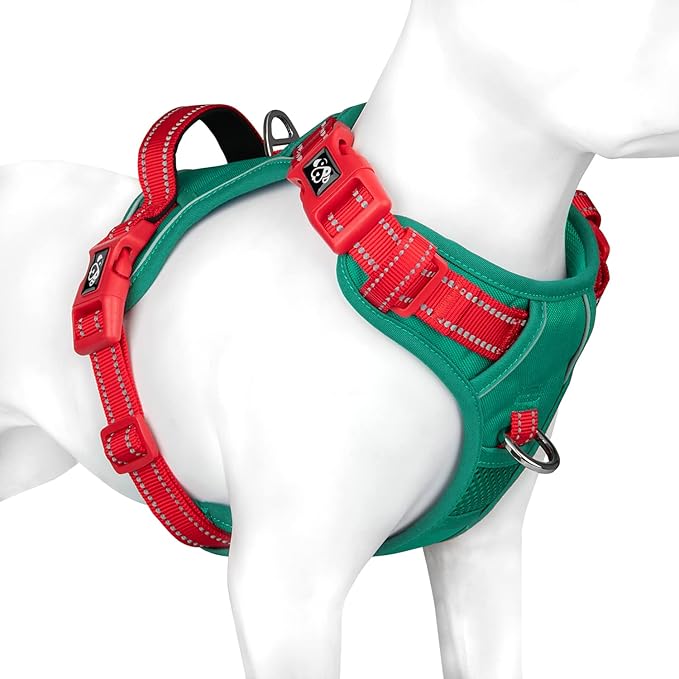 PHOEPET No Pull Dog Harness, Unique Colors Reflective Adjustable Dog Vest, with Soft Training Handle Metal Clips for Small Medium Large Dogs (Dark Green Base & Red Straps,S)