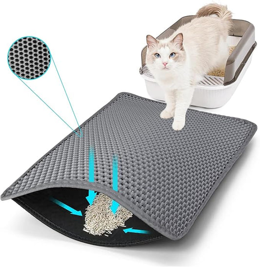 Cat Litter Mat, Kitty Litter Collector, Double Layered Honeycomb Design Waterproof, Anti Urine, Anti Slip, Easy to Clean, Limit Garbage (26"x46.5", Grey)