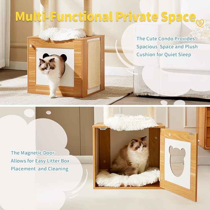 Made4Pets Cat Tree with Litter Box Enclosure, 2-in-1 Modern Cat Tower for Indoor Cats, 48.6" Wood Kitten Condo with Scratching Post and Hammock, Removable Scratch Pad for Large Cats