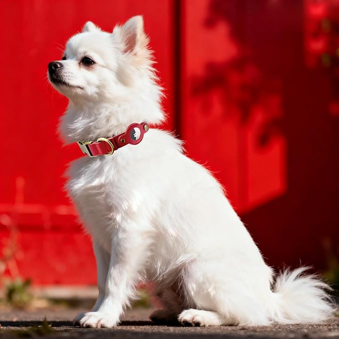 AirTag Dog Collar for Large Dogs - Soft Leather Dog Collar with Apple AirTag Holder and Metal Buckle - Smart Tracker GPS Apple Air Tag Pet Collars (Red, L)