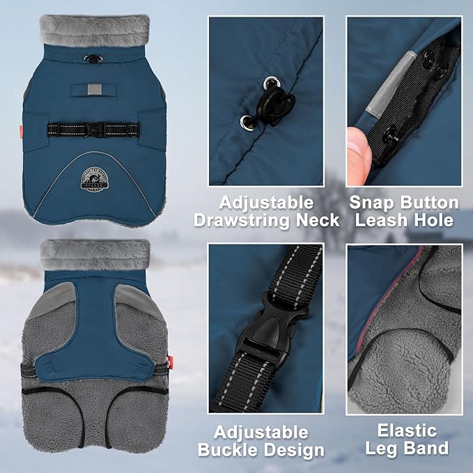 KYEESE Waterproof Dog Coat, Windproof Warm Winter Jacket with Leash Hole, Reflective Cold Weather Dog Coats for Small Dogs, Outdoor Pet Coat Cozy Puppy Jacket Thick Fleece Lined, Navy Blue, Small