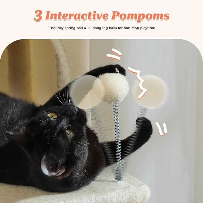 64-Inch Large Cat Tree for Indoor Cats, Multi-Level Tall Cat Tower with 2 Soft Top Perches, 2 Caves, 5 Sisal Scratching Posts, 2-in-1 Scratching Ramp, 1 Hammock & 3 Pompoms, Beige