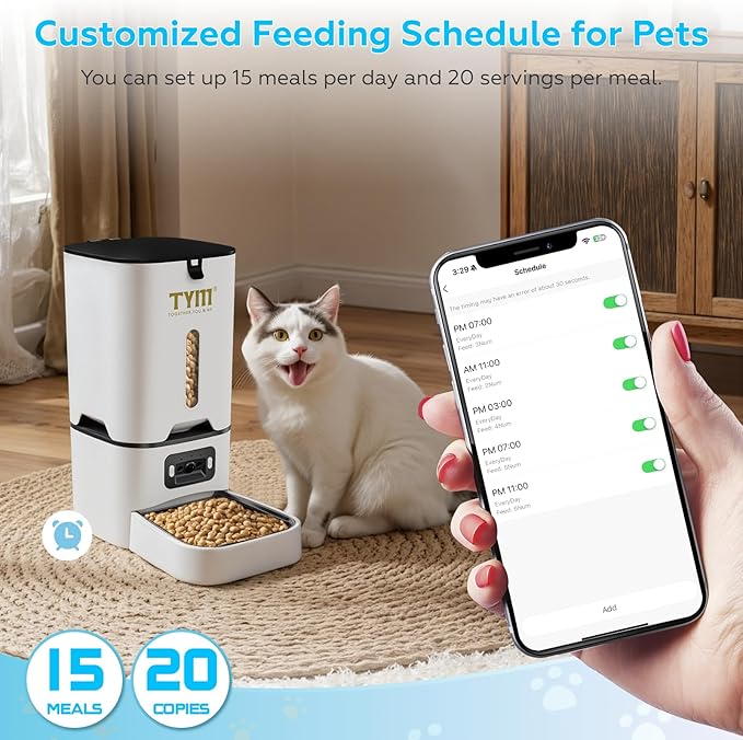 TYM Automatic Cat Feeder with Camera, 5G WiFi Timed Automatic Dog Feeder with APP Control, 7L Remote Feeding Auto Cat Food Dispenser, Reliable, Easy Cleaning, Keeps Food Fresh