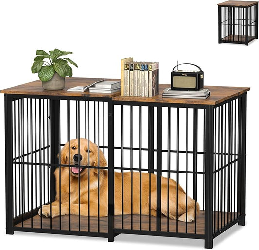 Large Dog Crate Furniture for Large Dogs, Retractable Dog Kennel Furniture, Wooden Dog Kennel Indoor, Heavy-Duty Dog Cage Furniture with 3 Levels of Adjustable Size,45.6" L, XL, Rustic Brown