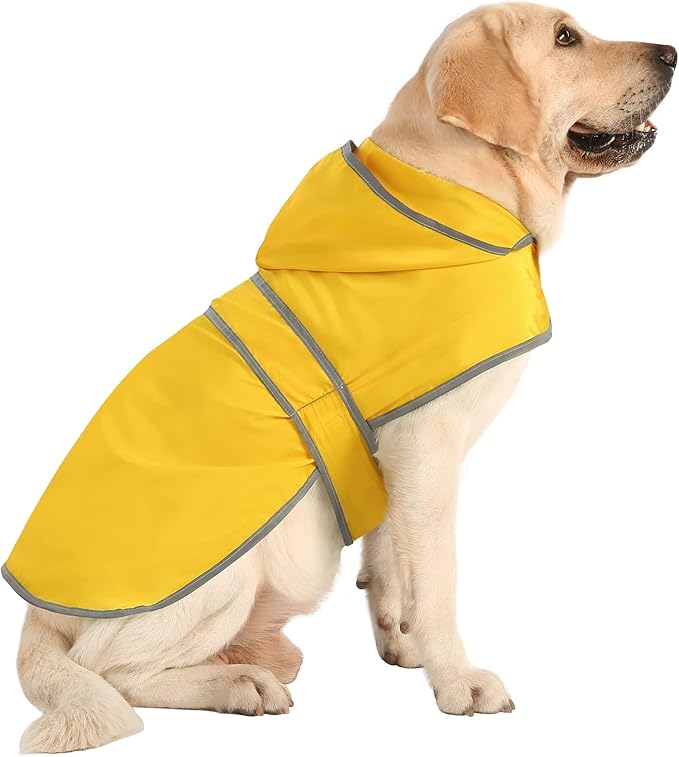 Dog Raincoats for Large Dogs Waterproof Hooded Rain Jacket with Reflective Strips Leash Hole & Poncho Adjustable Fit (Yellow,L)