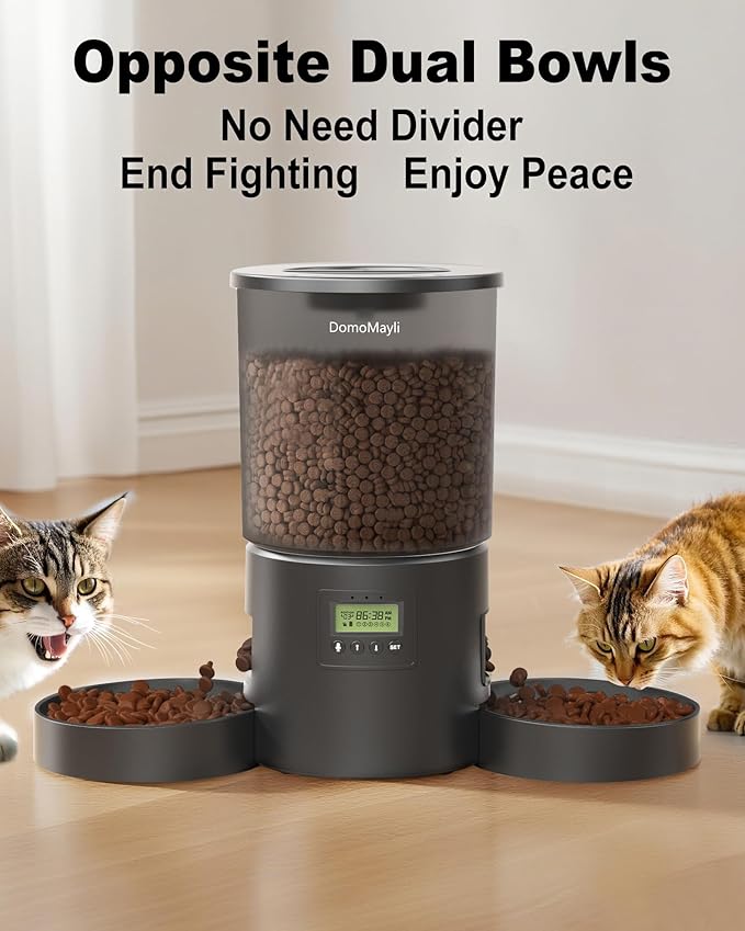 Automatic Dual Cats Feeder 2 Cats,Dual Power,Flexible Schedule Timer,6 Meals 12 Portions Per Day (Clear Black, ABS Double Bowls)