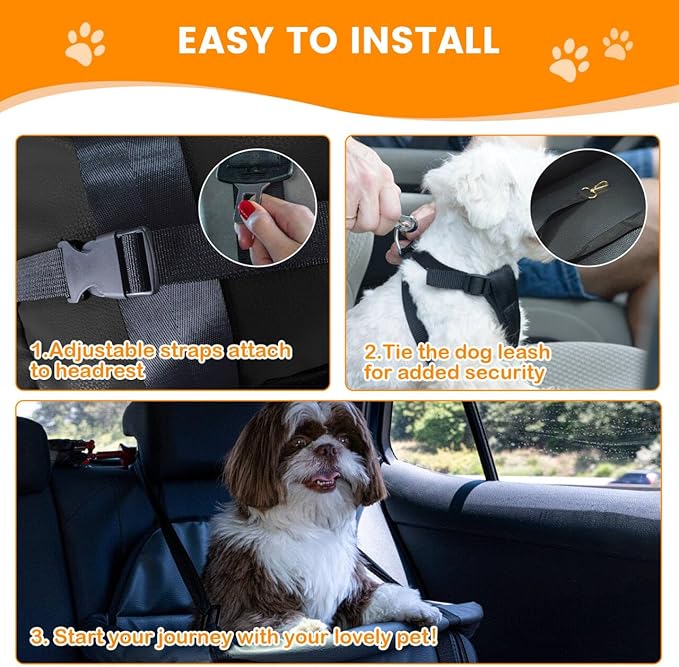 Dog Car Seat for Small Dogs, Large Leather Dog Car Bed with Storage Pocket, Waterproof PVC Leather Booster Seat Travel Bed for Front & Back Seat, Clip-On Safety Leash (Black)