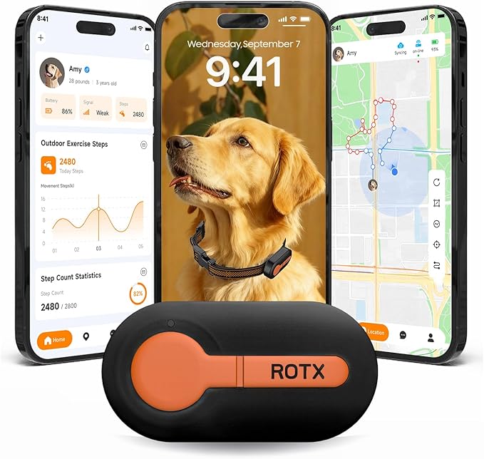 ROTX Dog GPS Tracker Real-time Tracker Alerts Virtual Fence Location for Pet Over 11.06lbs Dog Cat Collar Attachment of Random Color Subscription Required Waterproof IP67 Health & Wellness Black