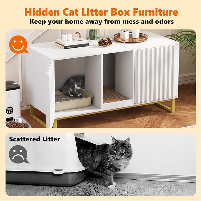 Double Litter Box Enclosure,Modern Cat Litter Box Enclosure for 2 Cats, Hidden Litter Box with Cat Scratch Pad, Cat Washroom Cat House End Table, Entryway Bench for Livingroom (White)
