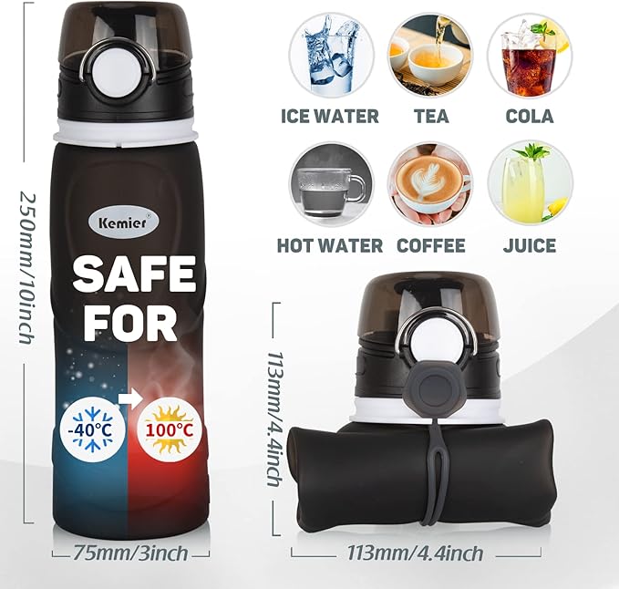 Kemier Collapsible Silicone Water Bottles-750ML,Medical Grade,BPA Free Travel Water Bottle Can Roll Up,26oz,Leak Proof Foldable Sports & Outdoor Water Bottles