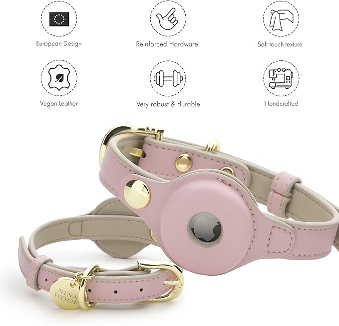 NINA WOOF Cupertino Dog Collars, Harnesses & Leashes Made from Vegan Leather with Dog Tracker Device Holder Adjustable Dog Collar (Small (Neck: 12x15), Pink)