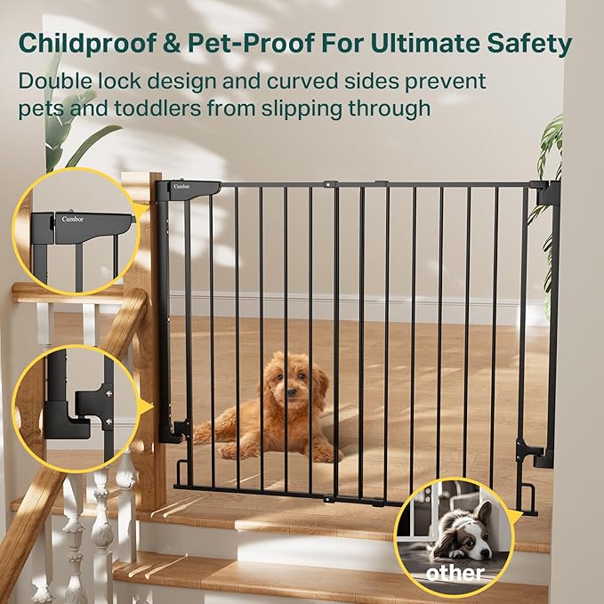 Cumbor 34" Extra Tall No Bottom Bar Baby Gate for Stairs, Wall Mounted Dog Gate Indoor for Larger Pets, Expandable 29.2-43" Safety Gate for Doorways, Wide Walk Thru Door for Easy Access (Black)