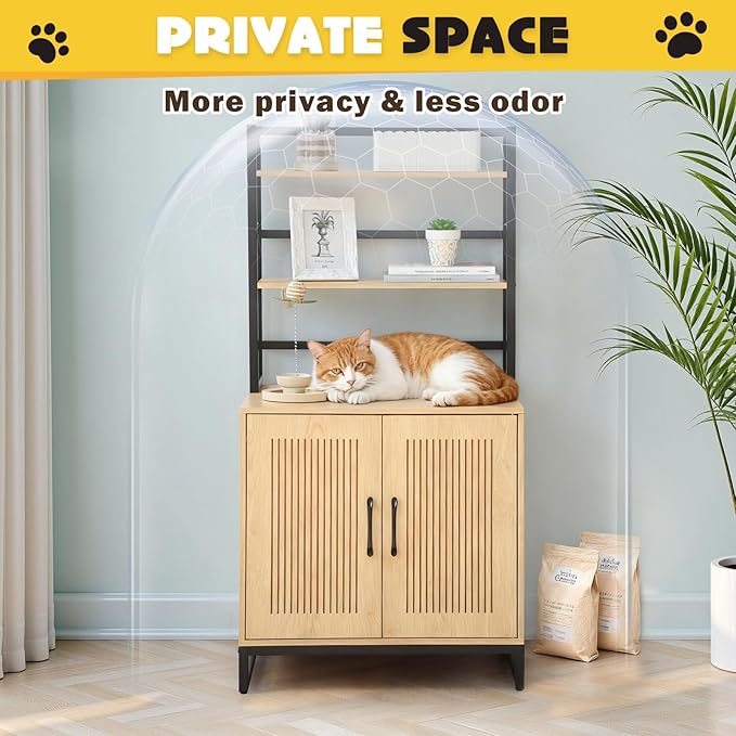 Cat Litter Box Enclosure with 2 Storage Shelves, 2-in-1 Large Hidden Wooden Pet House Furniture with Scratching Mat/Feeding Station/House Condo, Cat Cabinet with Barn Door for Entrance (Shelves)