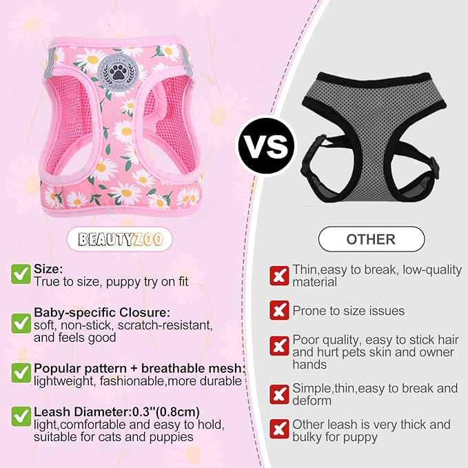 BEAUTYZOO Step in Dog Harness and Leash Set,Floral Pattern Reflective Dog Harness No Pull No Choke Puppy Harness for Small Medium Large Dogs Cats,Soft Padded Mesh Vest Harnesses for Girl and Boy Pets