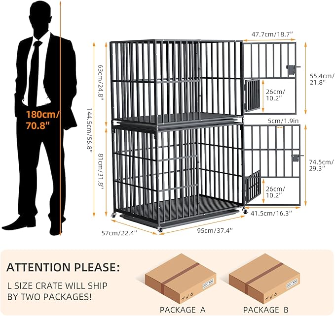 BingoPaw Heavy Duty Dog Crate: 38Inch Dog Kennel Stackable Made by Chew Resistant Square Meatl Tube - Two Tiers Dog Kennel Indoor Escape Proof with Wheel and Tray