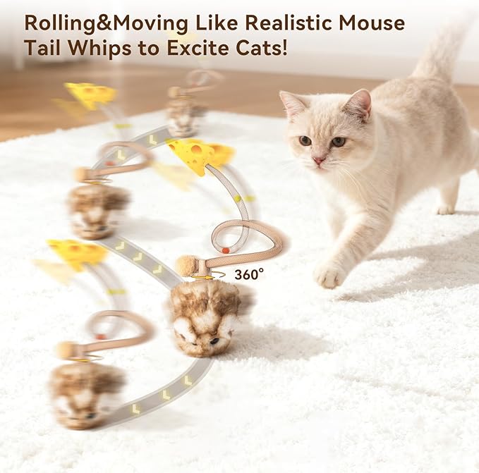 Migipaws Interactive MigiMouse Cat Toy 360° Rolling & Spin with Wiggling Tail for Indoor Cats Smart Motion Sensor, Realistic Squeak, Rechargeable Plush Kitten Toy(Brown Long)