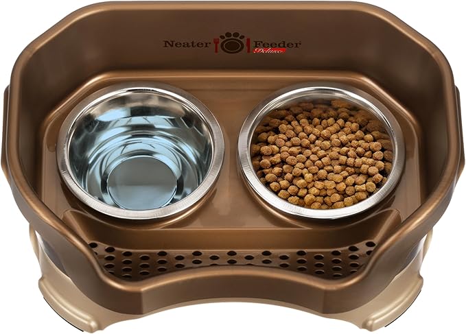 Neater Feeder Deluxe Mess Proof Cat Bowls Elevated for All Breeds – Made in USA – No Spill Raised Bowls for Indoor Cats – Stainless Steel Food and Water Bowl Set, Pet Dish Feeding Station, Bronze
