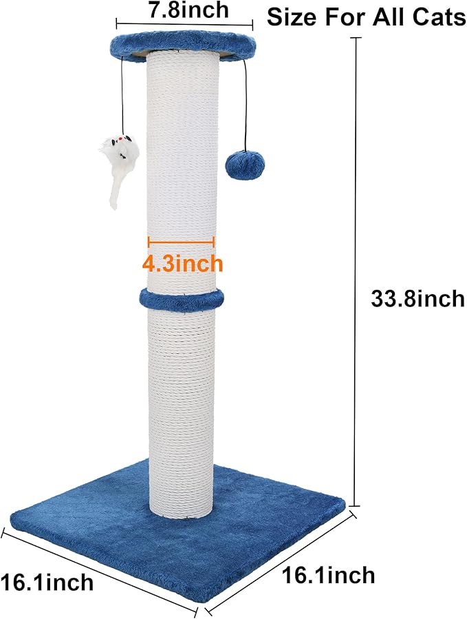 Cat Scratching Post 34 Inches Heavy Duty and Thicker Cat Scratching Post Sisal Rope with Hanging Ball and Mice Scratching Post for Indoor Cats and Adult(Navy Blue)