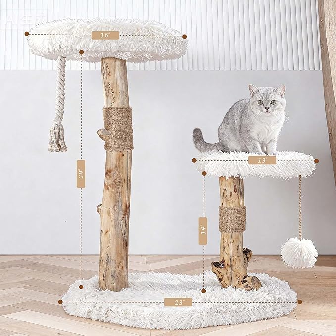 Modern Cat Tree Tower for Indoor Cats, 33" Luxury Cats Trees Natural Solid Wooden with Sisal Scratching Post, Log Style Cat Furniture with Perches Platform & Toy Ball，Primary Colors