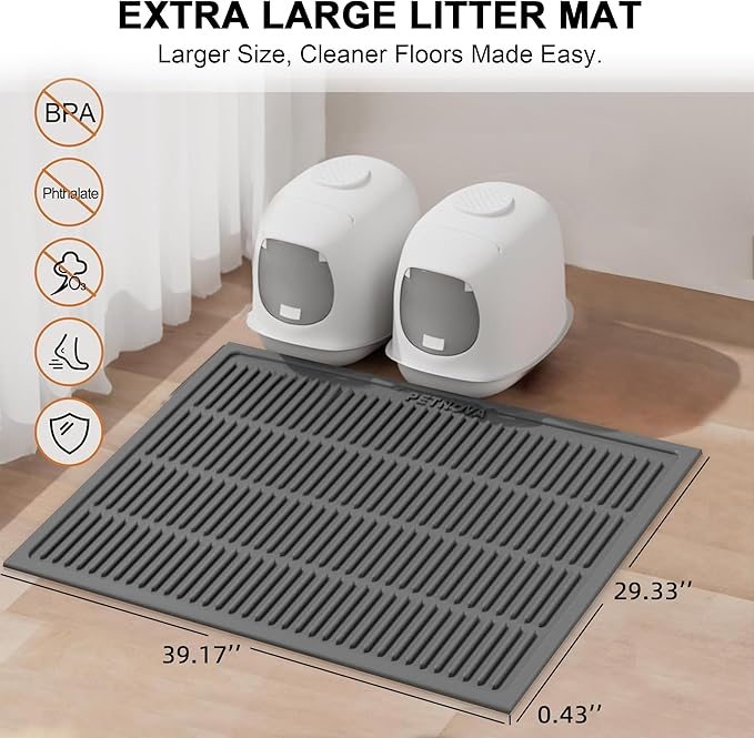PetNova Extra Large Litter Mat: XL 39"x29" Silicone Waterproof Groove Design Litter Trapping Mat Easy to Clean for Multiple-Cats - Jumbo Non-Slip Cat Box Rug for Floor (Grey)