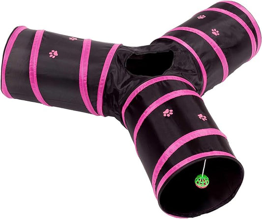 Cat Tunnel - Collapsible 3 Way Play Toy - Interactive Tube Toys for Rabbits, Kittens, and Dogs - Black/Pink